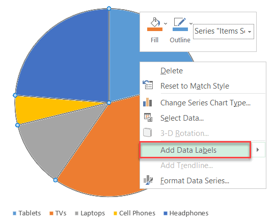 Add data labels to pie charts
