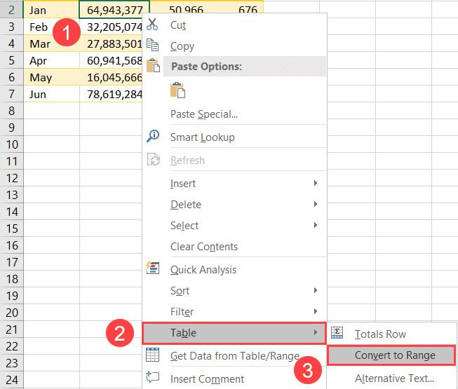 Convert a table into a range using the contextual menu