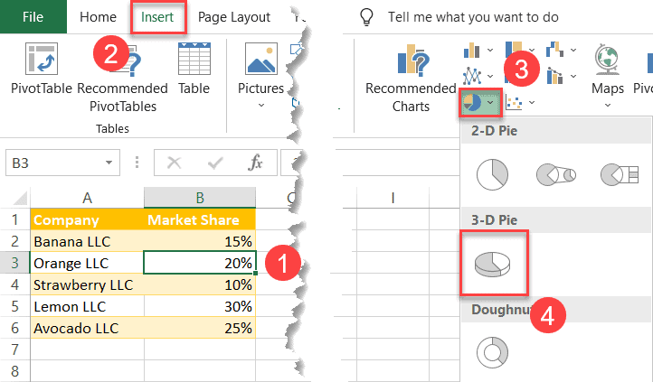 Insert 3-D pie chart