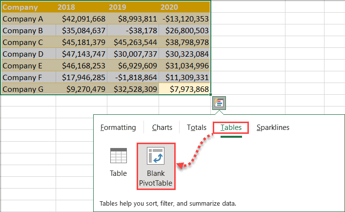 Click Blank PivotTable