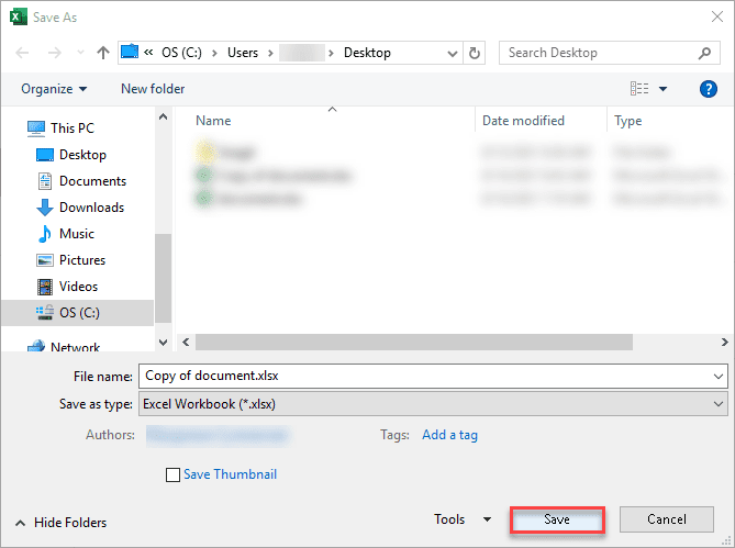Click "Save" to create a copy of the file