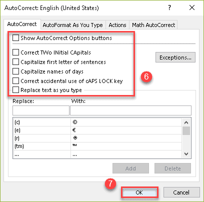 Excel AutoCorrect dialog box