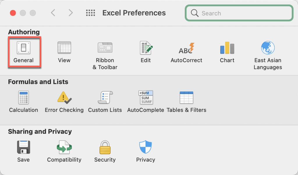 Excel Preferences "General" (Mac)
