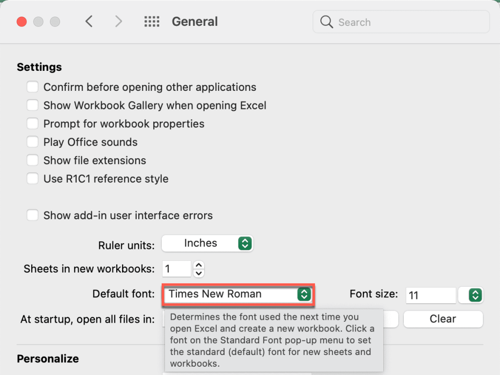 set default sheet style excel mac os