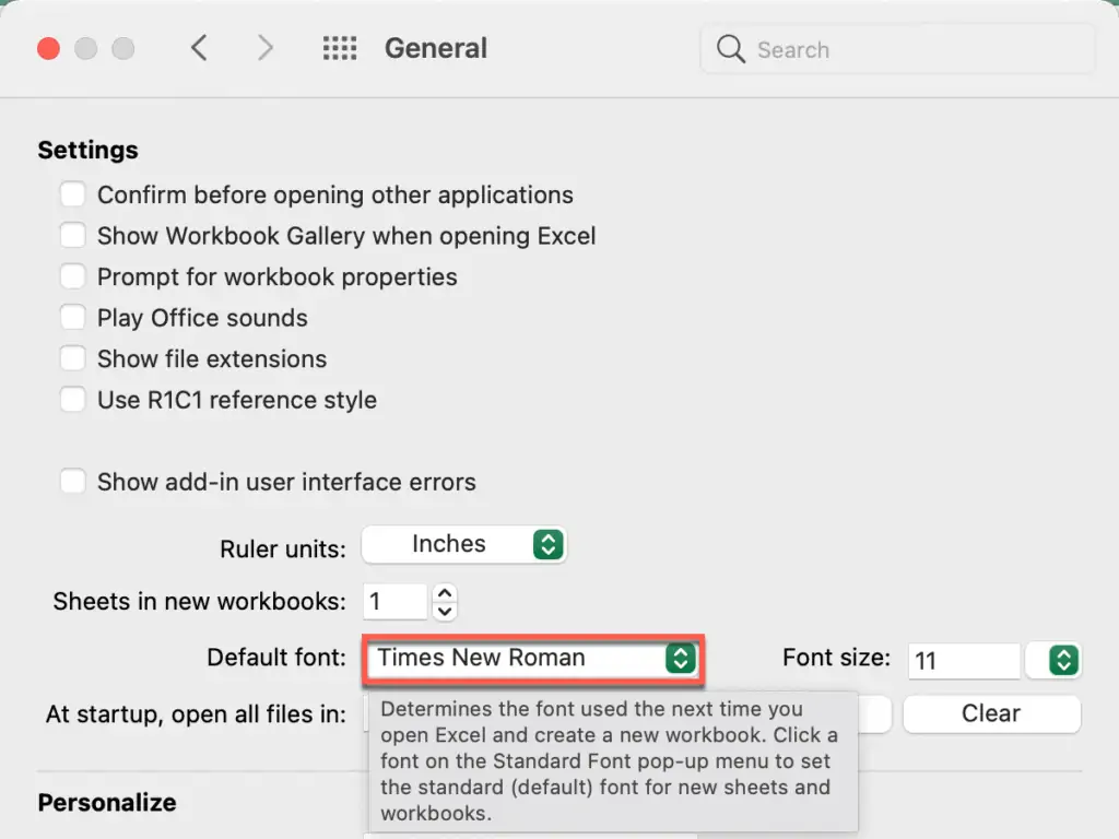 Use Times New Roman as the new default font in Excel (Mac)