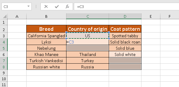 Fill each empty cell with the original value