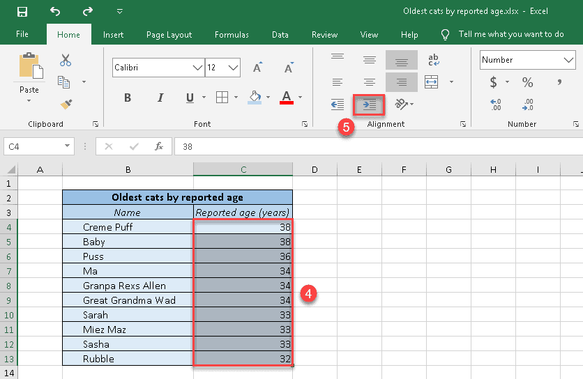 how many spaces is increase indent excel