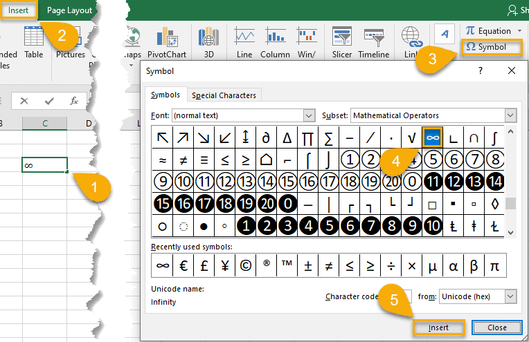 How to Insert the Infinity Symbol (∞) Excel