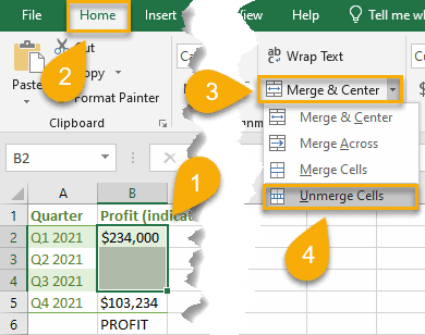 “Unmerge Cells” option.