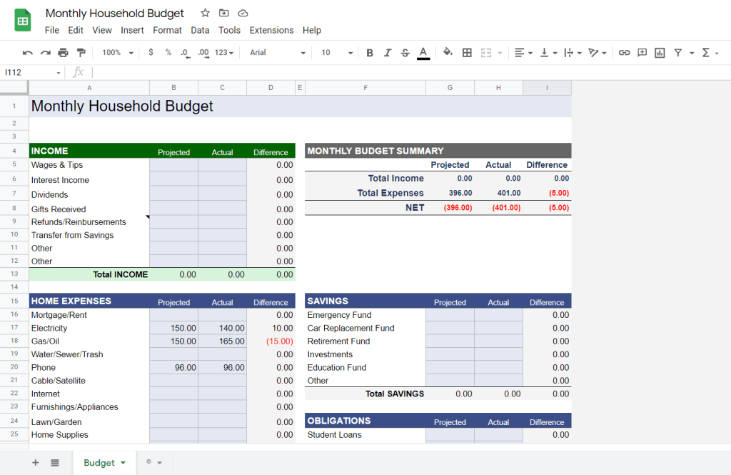 google sheets budget