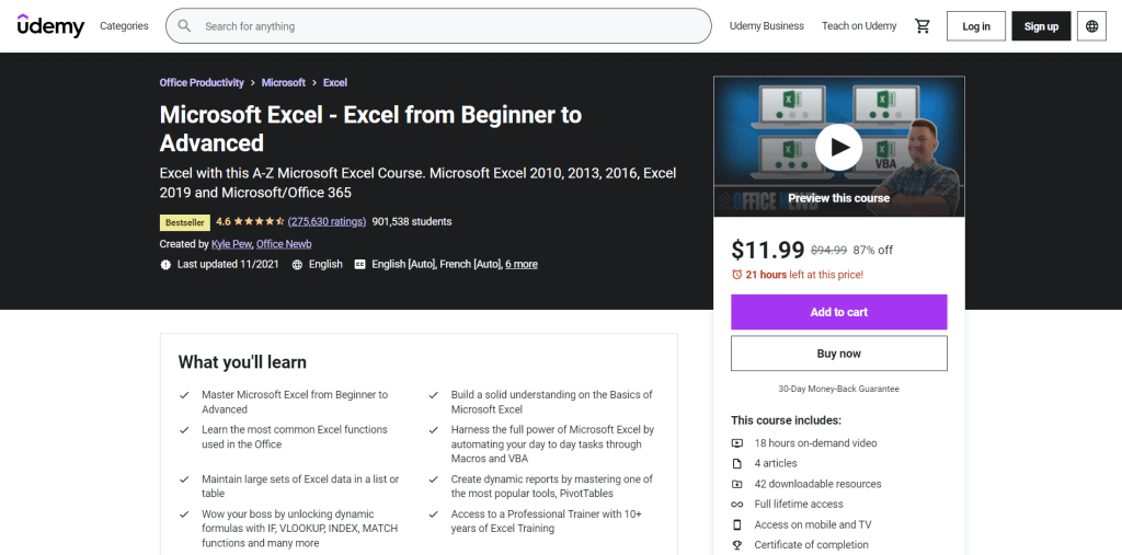 udemy excel course