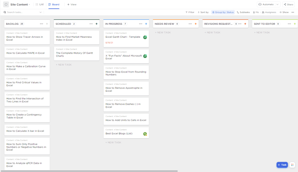 A screenshot of ClickUp's Kanban board