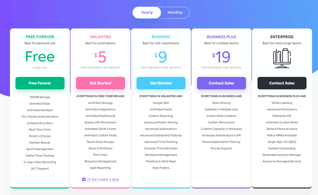 A screenshot of ClickUp's pricing page