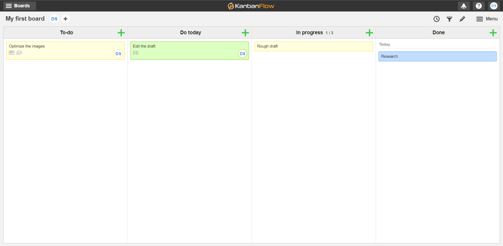 A screenshot of KanbanFlow's Kanban board