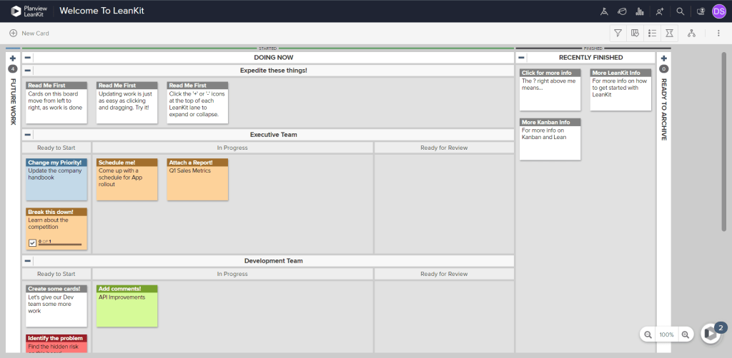 A screenshot of Planview LeanKit's Kanban board