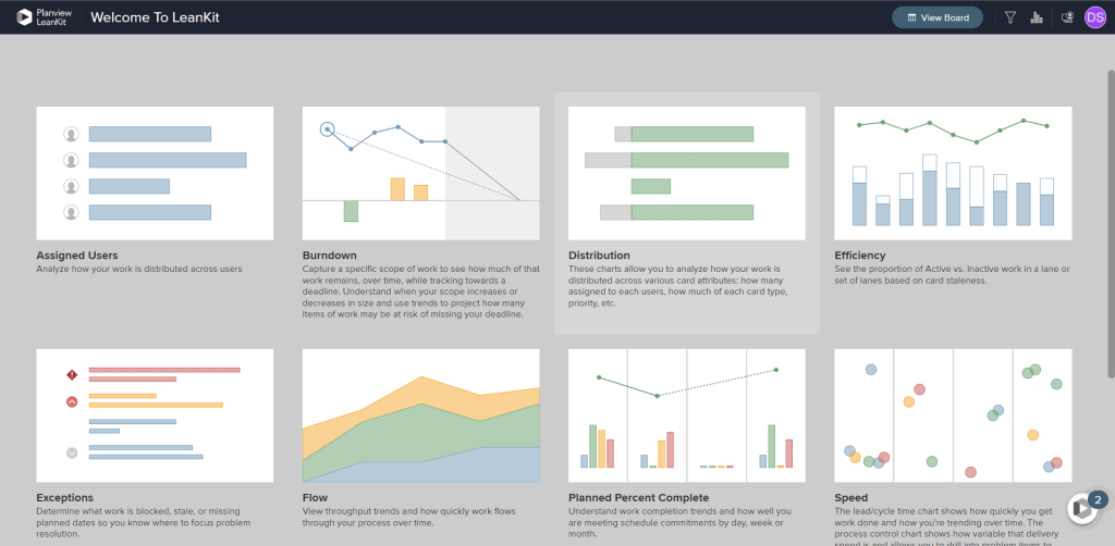 A screenshot of Planview LeanKit's reporting tools