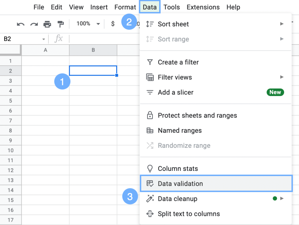 open the data validation menu