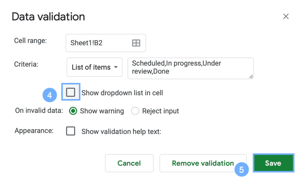 untick the box show dropdown list in cell