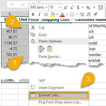 Format cells option