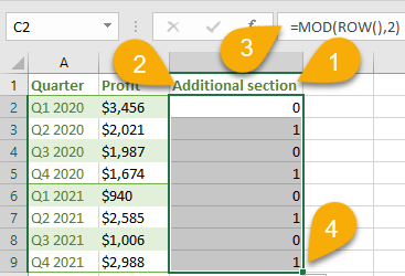 =MOD(ROW(),2) formula