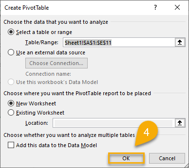 PivotTable creation