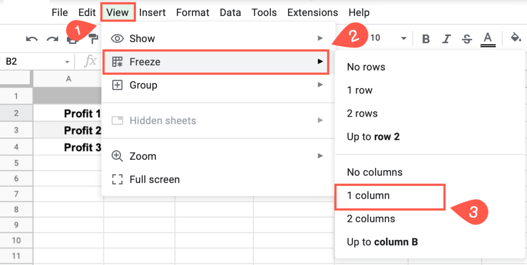 freeze one or more columns using the menu