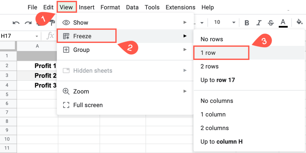 freeze one or more rows using the menu