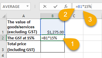 The calculation of GST in Excel