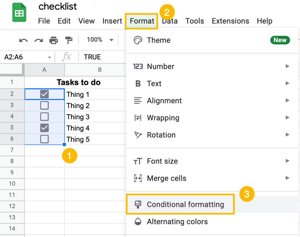 how to apply conditional formatting to a checlikst