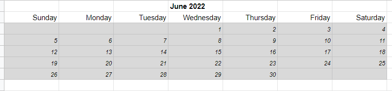 The calendar in Google Sheets