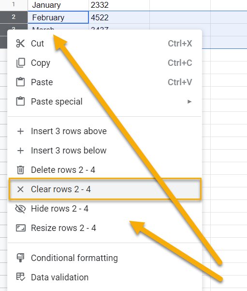 How do I clear rows in Google Sheets