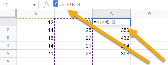 How do I multiply one column by another in Google Sheets