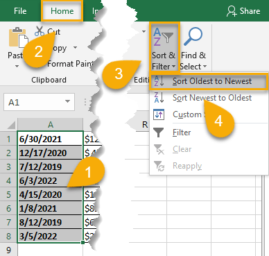 How to Sort Dates in One Column Using the Filter Option