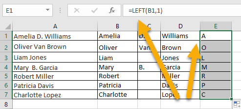 What is the formula to record the initial of the first name