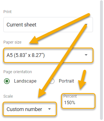 How do I enlarge the document in Google Sheets to print
