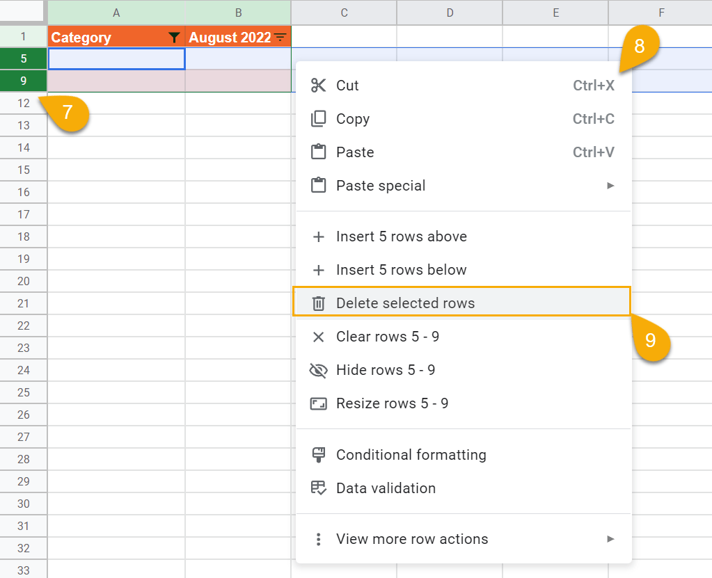 The Delete Selected Rows Option