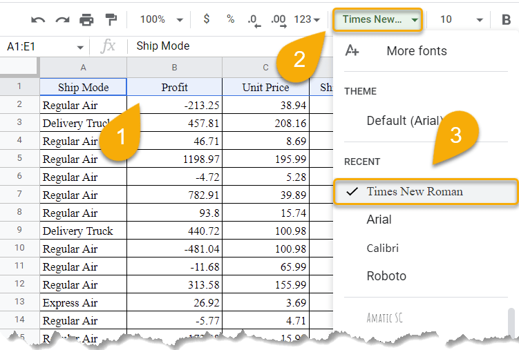 Changing the Font in Google Sheets