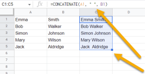 How do I apply CONCATENATE to two columns of data in Google Sheets
