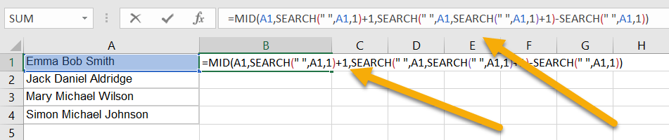 How do I extract middle names in Excel