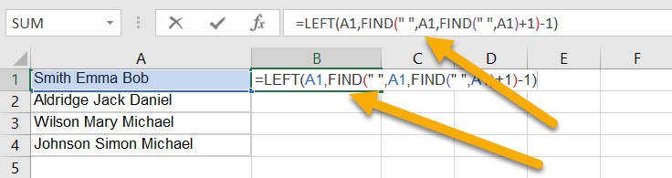 How do I remove the middle name from a name listed as “last, first, middle” in Excel