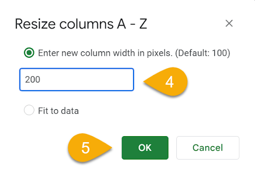 Resize columns A - Z
