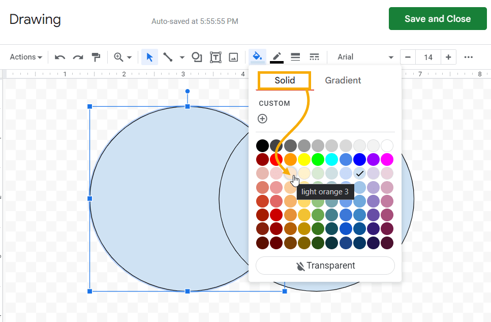 Set the color as light orange 3 for the first oval