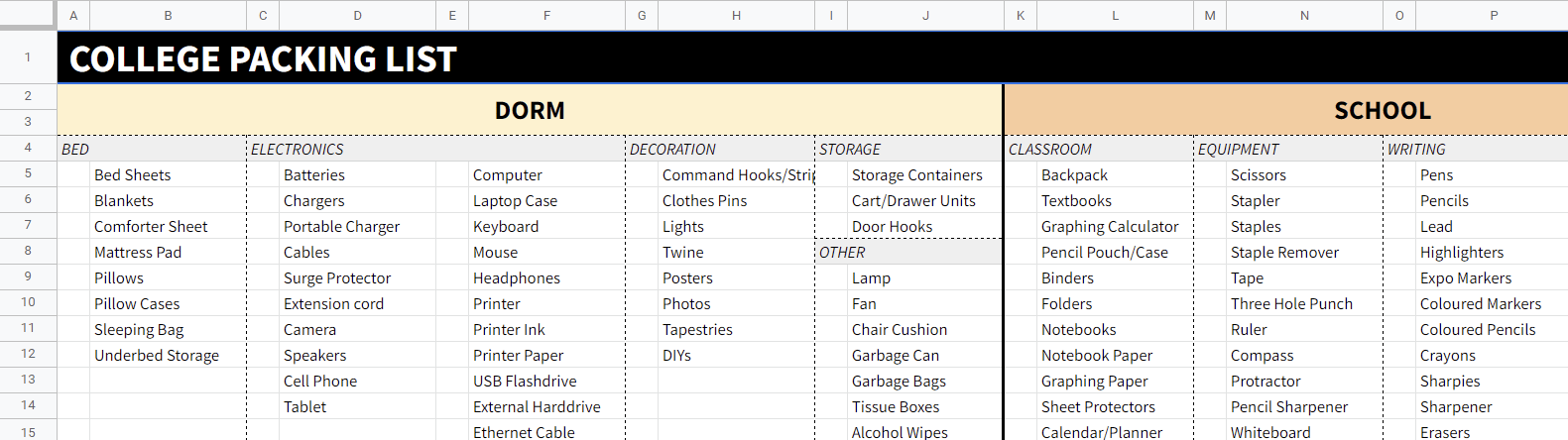 College Packing List Template