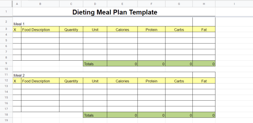 google sheets meal plan ingredient