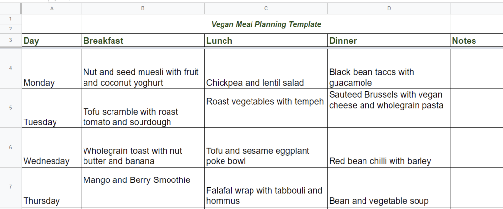 google sheets meal plan
