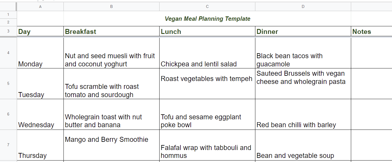 Google Sheets Vegan Meal Plan Template