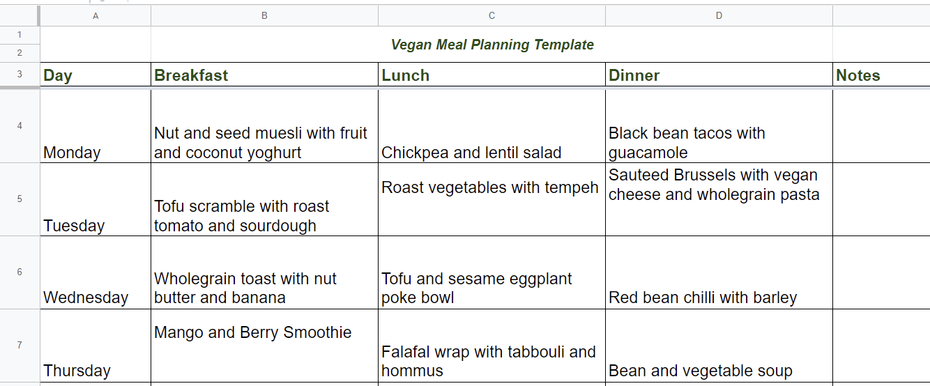 google sheets meal plan ingredient