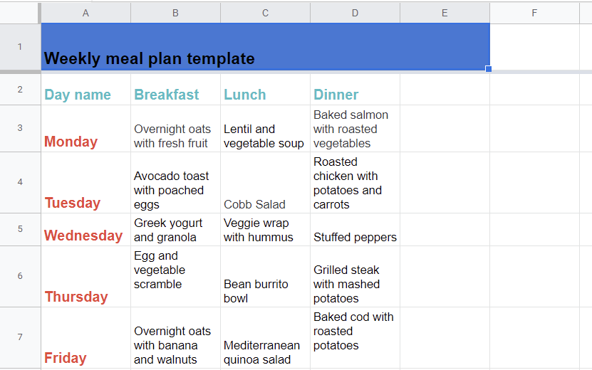 Google Sheets Weekly Meal Plan Template