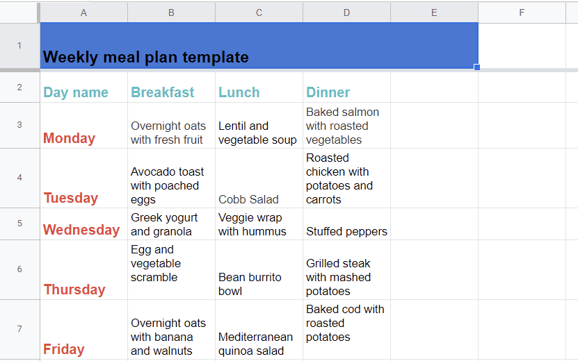 google sheets weekly meals plans