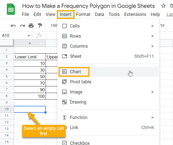 Inserting a blank chart in Google Sheets